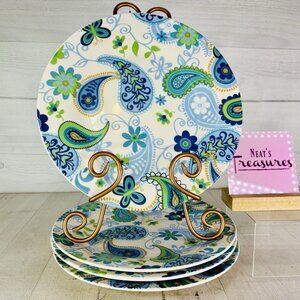 Royal Norfolk RNF124 Blue Green Paisley Stoneware Round Dinner Plates Set Of 4